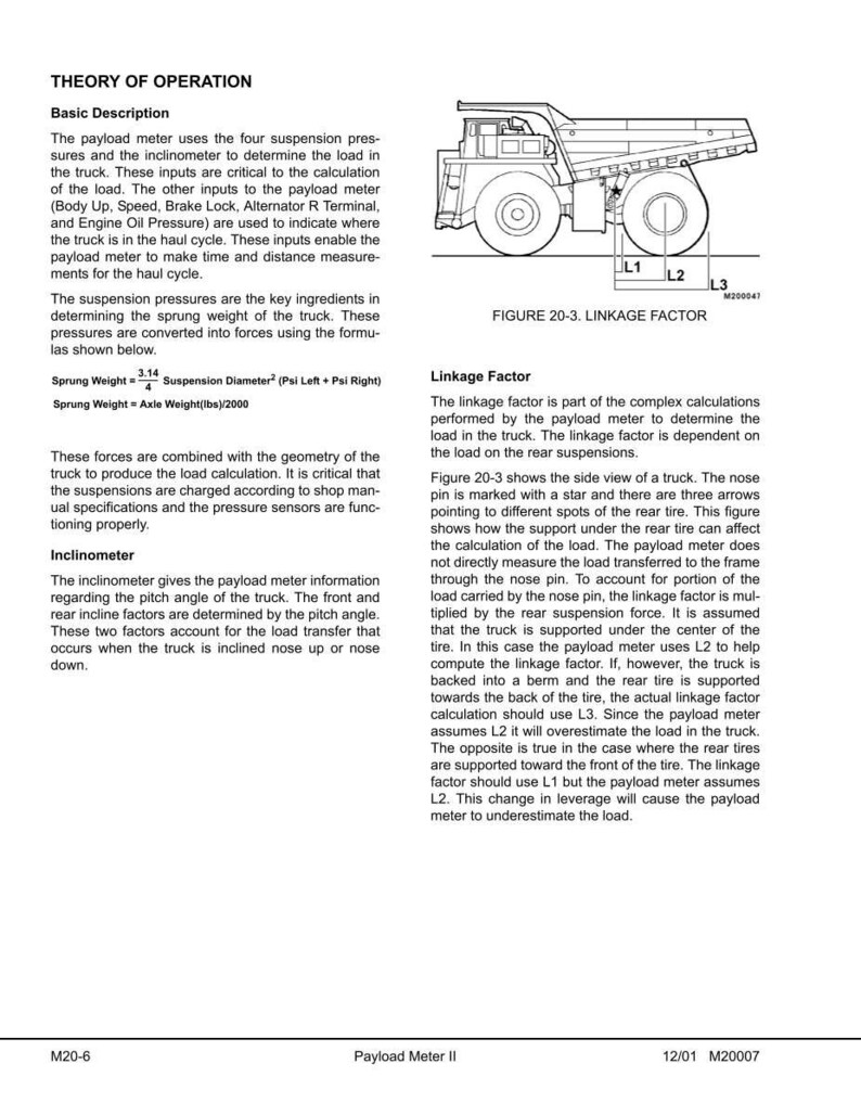May include: Diagram of a truck with labeled components and text explaining the payload meter's function. The image includes formulas and a side view of the truck with arrows indicating linkage factors L1, L2, and L3. The text describes the theory of operation.