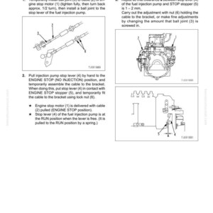 May include: Diagram illustrating the adjustment of an engine stop motor lever for an in-line fuel injection pump. The image includes detailed instructions and diagrams with numbered components for precise adjustments.