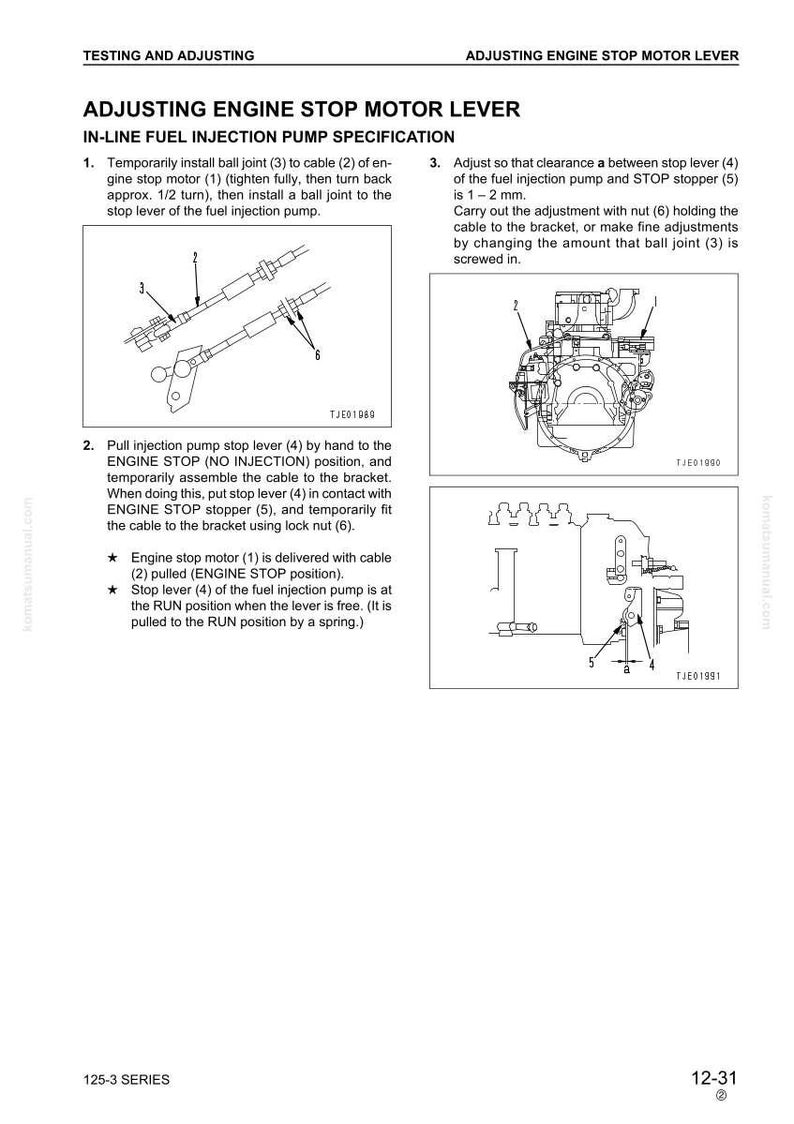 May include: Diagram illustrating the adjustment of an engine stop motor lever for an in-line fuel injection pump. The image includes detailed instructions and diagrams with numbered components for precise adjustments.