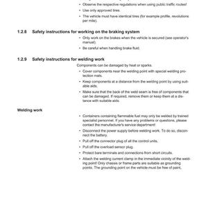 May include: A page from a safety manual with the Weidemann logo. The text details safety instructions for working on wheels, braking systems, and welding. Includes warnings about tire mounting, brake fluid, and flammable fuels.