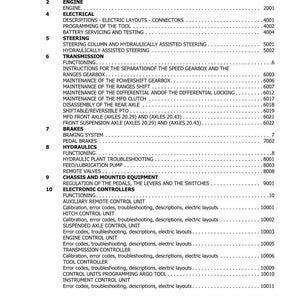 May include: A detailed table of contents from a manual, featuring a list of topics such as engine, electrical, steering, transmission, brakes, and hydraulics. The text is black on a white background.