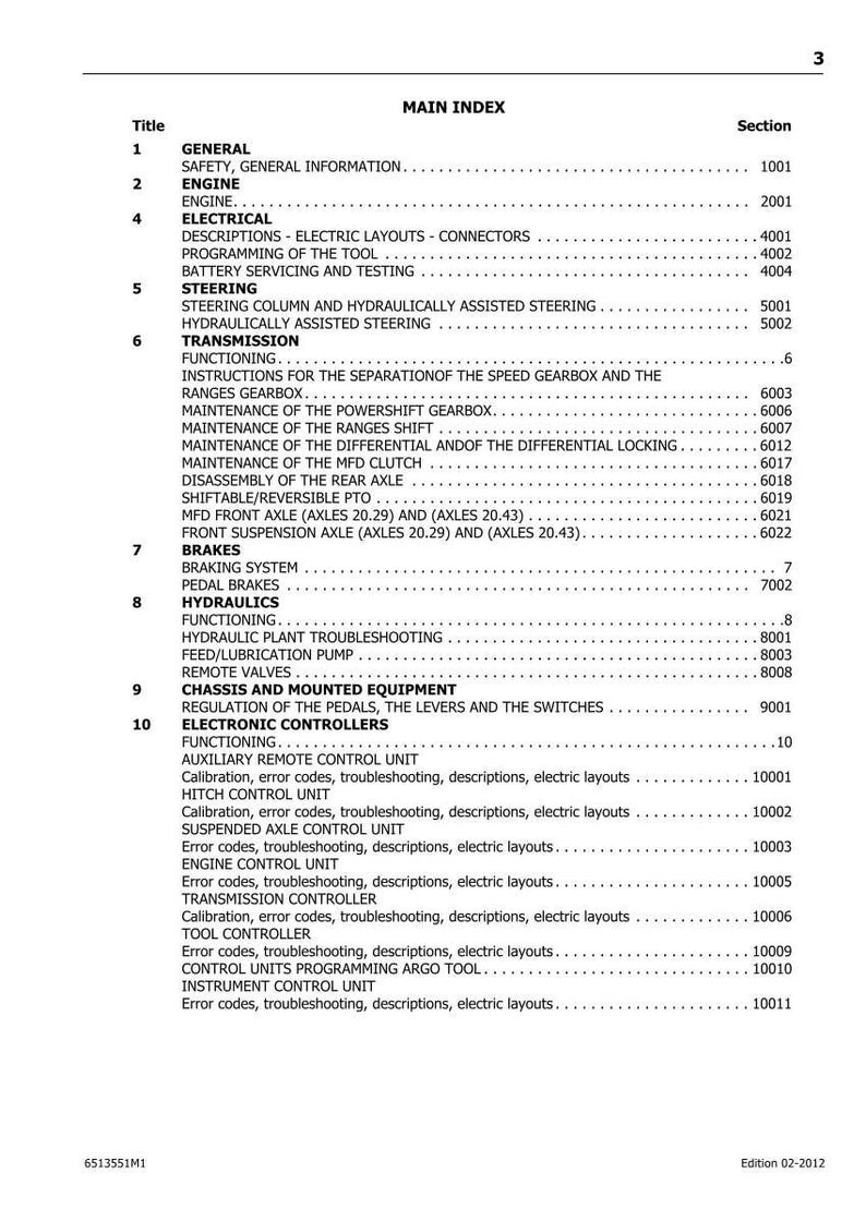 May include: A detailed table of contents from a manual, featuring a list of topics such as engine, electrical, steering, transmission, brakes, and hydraulics. The text is black on a white background.