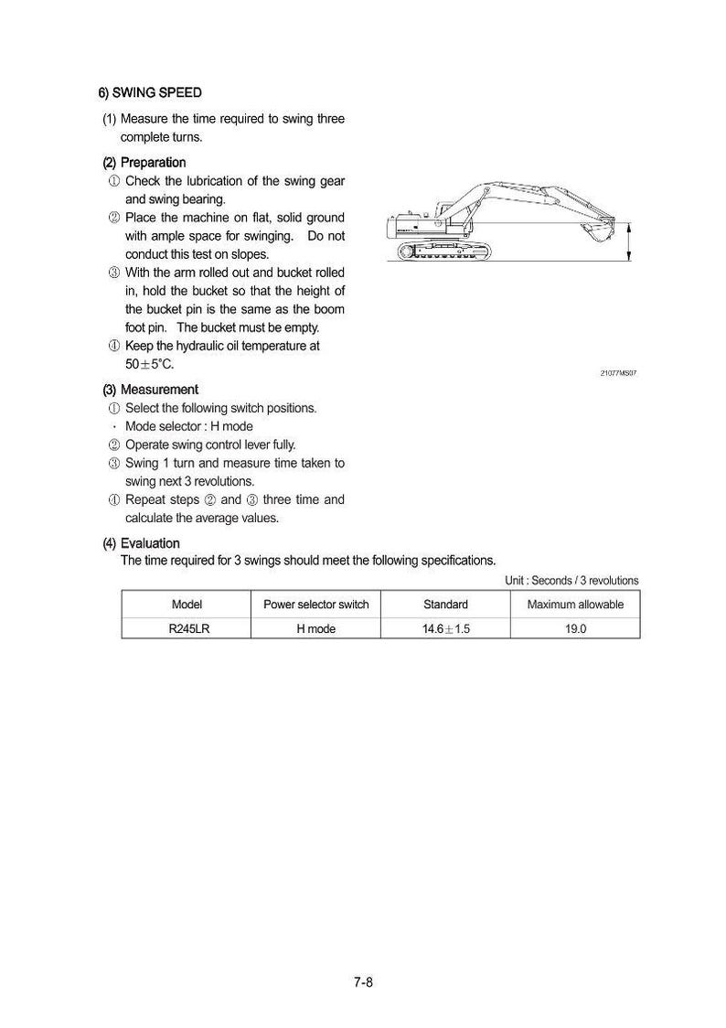 May include: Diagram of an excavator with instructions for measuring swing speed. The text includes steps for preparation, measurement, and evaluation, with specifications for the R245LR model in H mode.