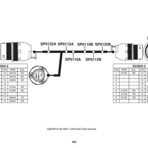K&ouml;nnte beinhalten: Technisches Diagramm eines CAN-Zugrohrkabelsatzes, das Anschl&uuml;sse und Verkabelung zeigt. Tabellen detaillieren Draht- und Farbcodierungen mit Teilenummern wie XX2002-2 und SP0132A. Text enth&auml;lt "CQ647672-UN: W37-CAN Draft Tube Harness."
