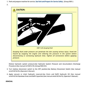 May include: Technical diagram titled "Inching/Brake Unit Remove and Install." The image features a warning about escaping fluid, with arrows showing fluid flow. Text provides machine preparation and removal instructions.