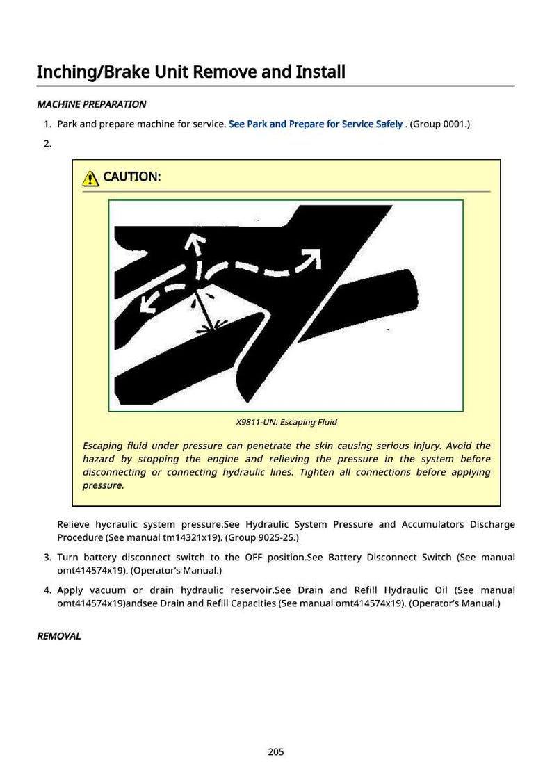 May include: Technical diagram titled "Inching/Brake Unit Remove and Install." The image features a warning about escaping fluid, with arrows showing fluid flow. Text provides machine preparation and removal instructions.