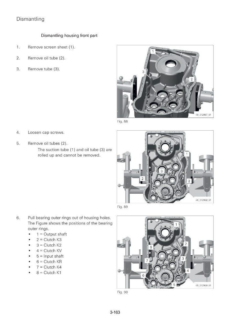 May include: Diagram of a dismantled housing front part, with numbered components and labels. The image includes figures 88, 89, and 90, showing different stages of disassembly. Text includes instructions for removing parts like screen sheets and oil tubes.