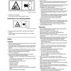 May include: A page from a safety manual, providing instructions and warnings for machinery operation. The text and diagrams cover safety measures to avoid injury from belts and rotating blades.