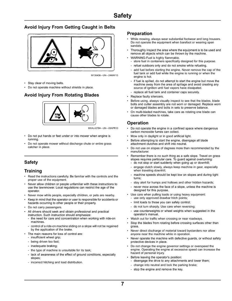 May include: A page from a safety manual, providing instructions and warnings for machinery operation. The text and diagrams cover safety measures to avoid injury from belts and rotating blades.