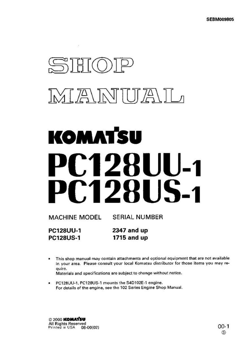 May include: A white shop manual with black text. The title "SHOP MANUAL" is at the top. Below is the Komatsu logo and model numbers PC128UU-1 and PC128US-1. Includes machine model and serial number information.