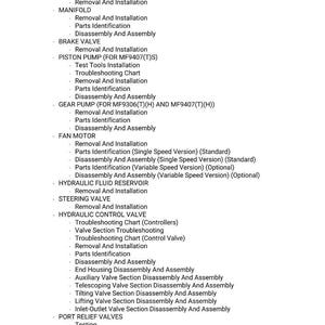 May include: A detailed list of mechanical components and procedures, including disassembly, assembly, and installation instructions. The text covers various valves, pumps, and motor components, with troubleshooting charts and parts identification.