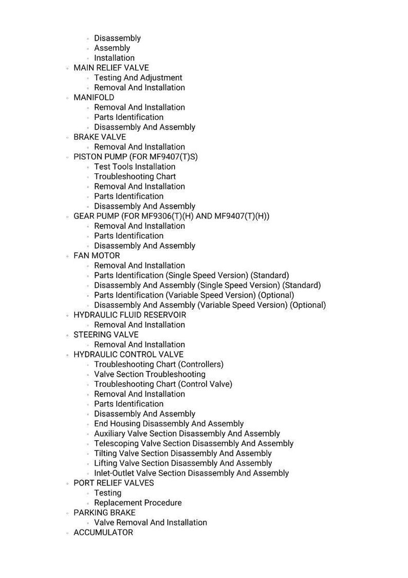 May include: A detailed list of mechanical components and procedures, including disassembly, assembly, and installation instructions. The text covers various valves, pumps, and motor components, with troubleshooting charts and parts identification.