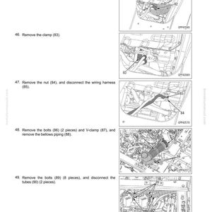 May include: Diagram from a manual showing the disassembly and assembly of an engine and main pump. Includes steps to remove the rubber cover, clamp, nut, bolts, and piping. Text includes "Remove and Install Engine and Main Pump Assembly".