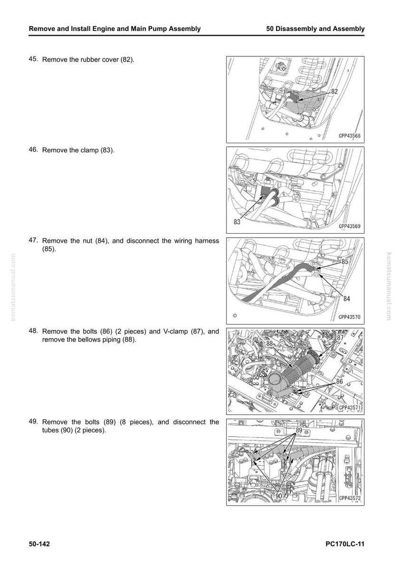 May include: Diagram from a manual showing the disassembly and assembly of an engine and main pump. Includes steps to remove the rubber cover, clamp, nut, bolts, and piping. Text includes "Remove and Install Engine and Main Pump Assembly".