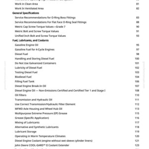 May include: A page from a manual with a list of topics related to machinery maintenance and operation. Topics include fuel, lubricants, coolants, and engine specifications. The page has a white background with black text and page numbers.
