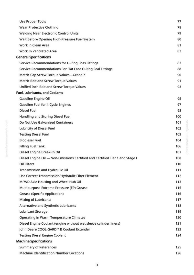 May include: A page from a manual with a list of topics related to machinery maintenance and operation. Topics include fuel, lubricants, coolants, and engine specifications. The page has a white background with black text and page numbers.