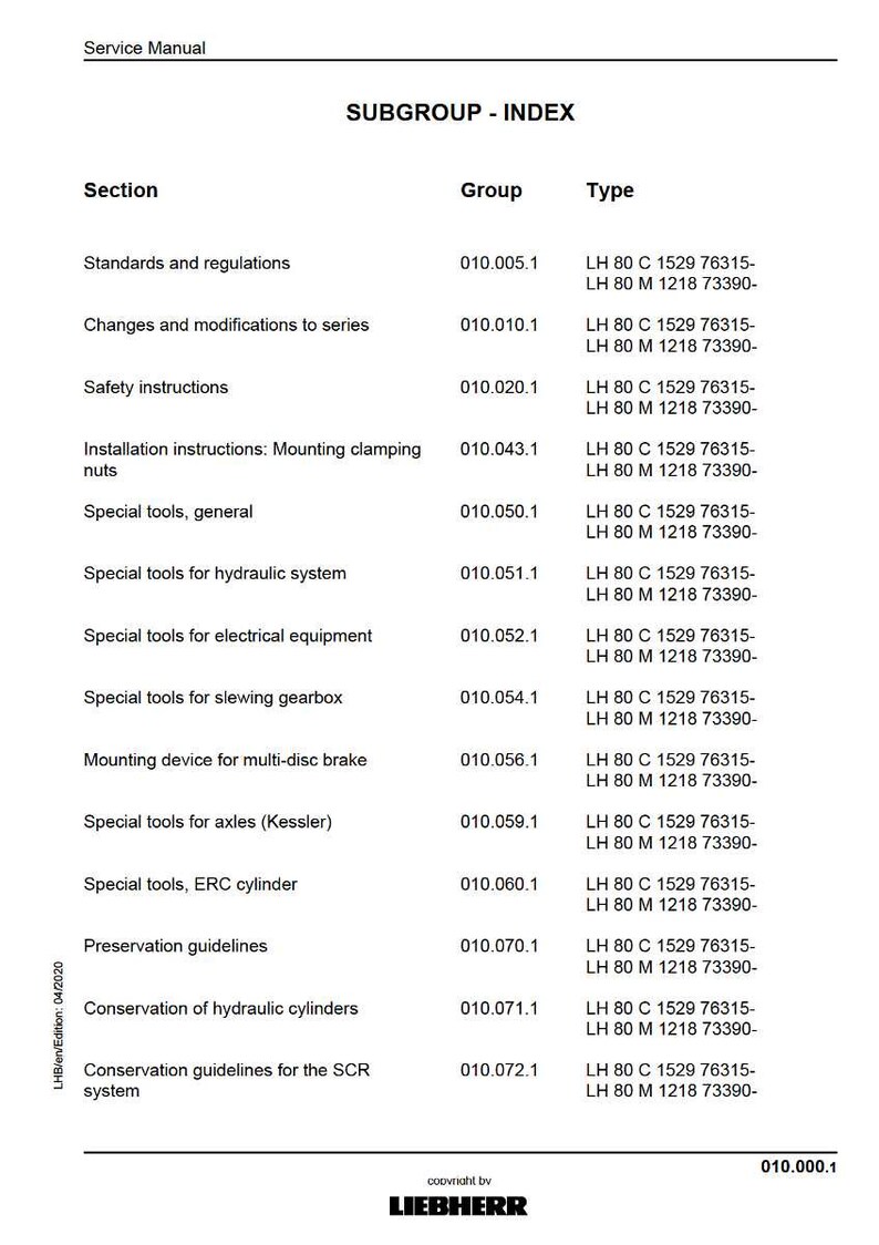 May include: A service manual index titled "SUBGROUP - INDEX" with sections and groups. The document lists topics like safety instructions, special tools, and preservation guidelines. The document is from Liebherr.
