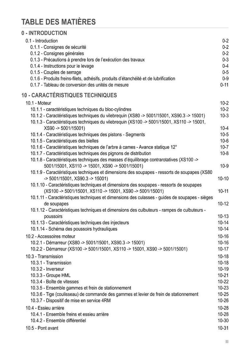 Puede incluir: Una tabla de contenidos en franc&eacute;s, titulada "TABLE DES MATI&Egrave;RES", detalla las caracter&iacute;sticas t&eacute;cnicas y los componentes del motor. El documento incluye secciones sobre seguridad, piezas del motor y transmisi&oacute;n.