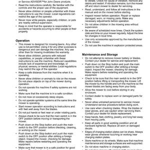 May include: A page from a safety manual for a lawn mower, with sections on training, operation, maintenance, and storage. The text is black on a white background, with a Deere & Company trademark.