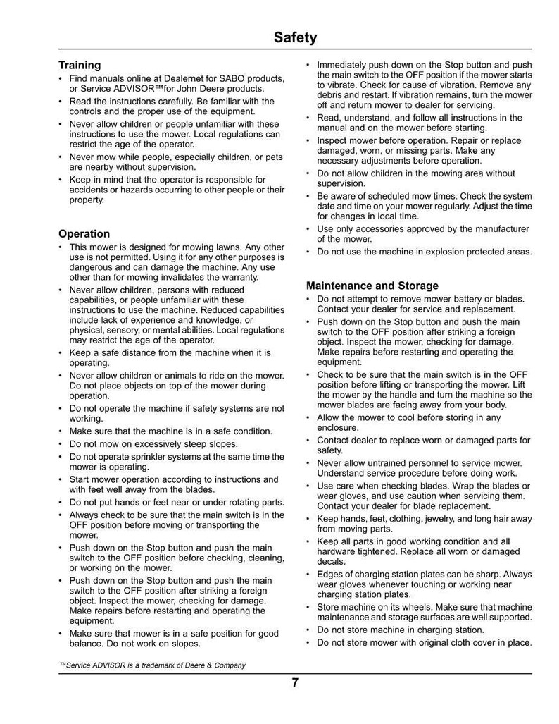 May include: A page from a safety manual for a lawn mower, with sections on training, operation, maintenance, and storage. The text is black on a white background, with a Deere & Company trademark.