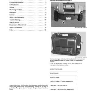 May include: A manual page titled "Contents" with sections on product identification, safety, and operating controls. Images of a robotic lawnmower and its components are displayed. Measurements are in metric.