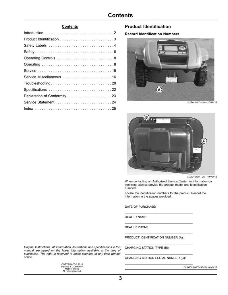 May include: A manual page titled "Contents" with sections on product identification, safety, and operating controls. Images of a robotic lawnmower and its components are displayed. Measurements are in metric.