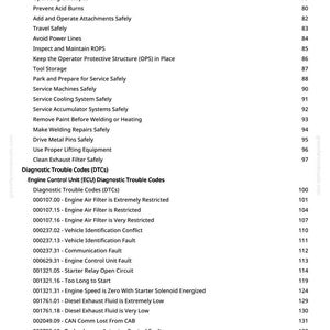 May include: A white page with a list of safety instructions and diagnostic trouble codes. The text includes topics like "Avoid Power Lines" and "Engine Air Filter is Extremely Restricted."