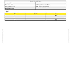 May include: Diagram of a Cab 3-pin Convenience Outlet, labeled XA93. The component information table shows 3 pins, a connection point A93, and harness information W10. A table details pin numbers, circuits, and colors, including red and black.