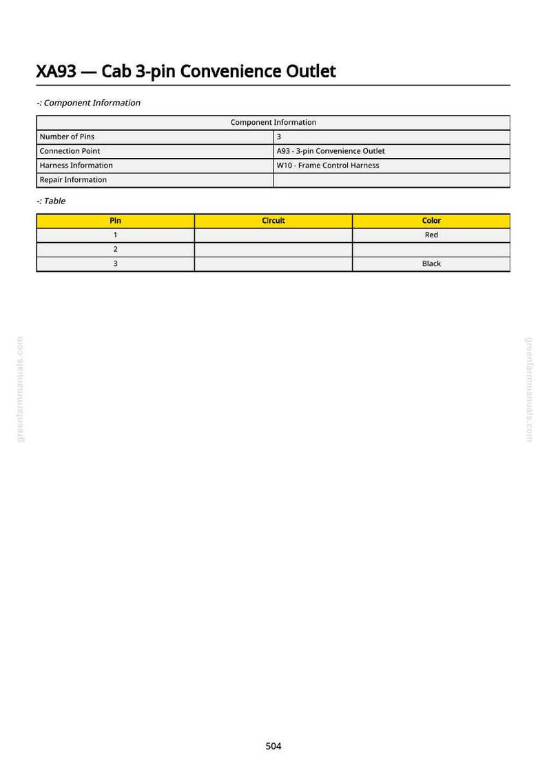 May include: Diagram of a Cab 3-pin Convenience Outlet, labeled XA93. The component information table shows 3 pins, a connection point A93, and harness information W10. A table details pin numbers, circuits, and colors, including red and black.