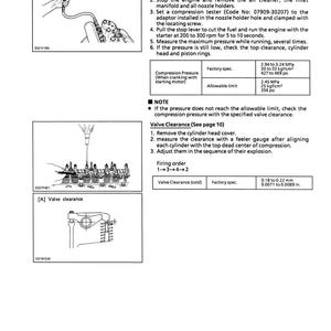 Puede incluir: Diagrama t&eacute;cnico de un manual que detalla la compresi&oacute;n del motor y la holgura de las v&aacute;lvulas. Incluye ilustraciones y especificaciones de medidas en MPa, kgf/cm&sup2;, y psi, y tambi&eacute;n en mm y pulgadas.