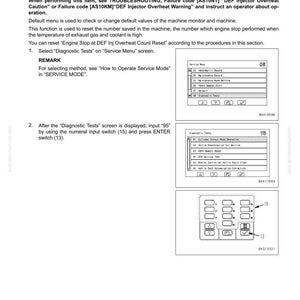 May include: A technical document page with instructions for resetting the engine stop function on a machine monitor. The page includes text, diagrams, and a control panel illustration. The document is titled "Testing Menu" and includes the text "Engine Stop at DEF Inj Overheat Count Reset".