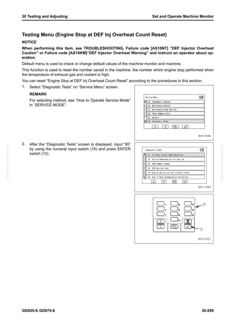 May include: A technical document page with instructions for resetting the engine stop function on a machine monitor. The page includes text, diagrams, and a control panel illustration. The document is titled "Testing Menu" and includes the text "Engine Stop at DEF Inj Overheat Count Reset".