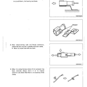 May include: Diagrams illustrating the handling of connectors. The images show how to remove connectors from clips, disconnect male and female connectors, and manage wiring harness clamps. Text instructions accompany the diagrams.
