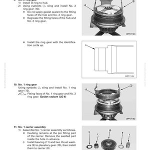 May include: Diagram of final drive assembly and disassembly instructions. Includes illustrations of ring gears, carrier assembly, and related components. Text includes part numbers and assembly steps.