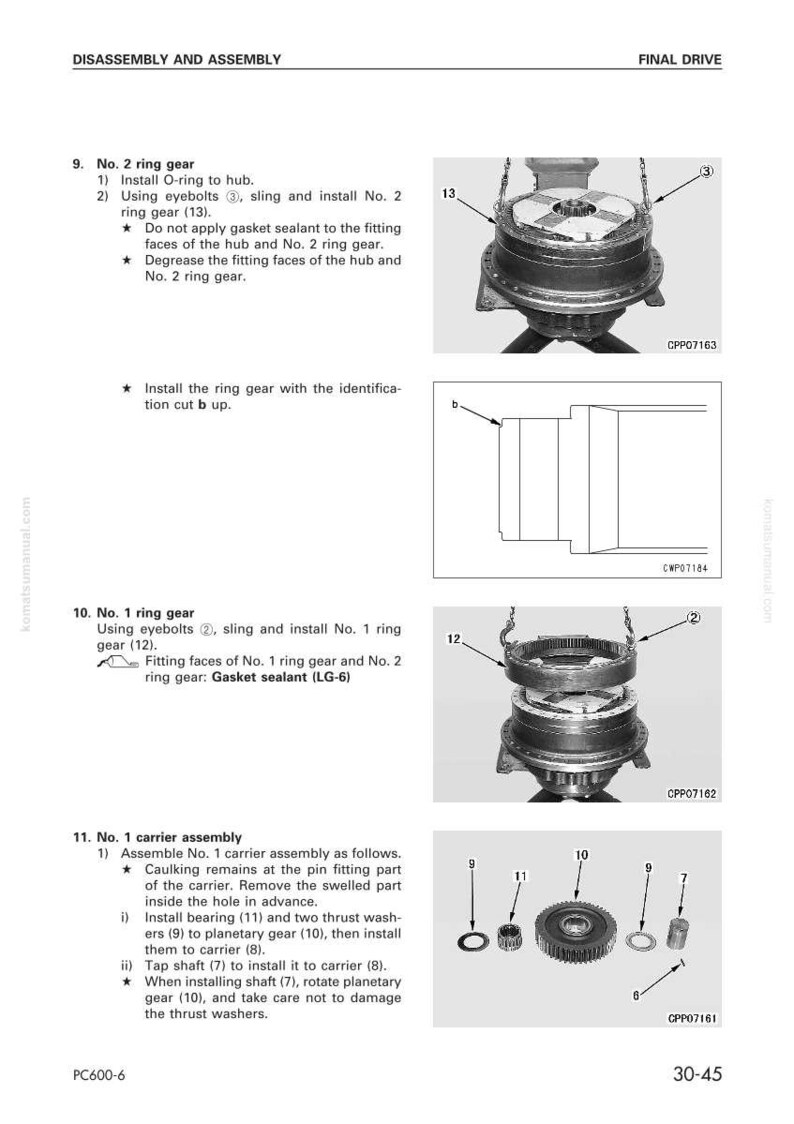 May include: Diagram of final drive assembly and disassembly instructions. Includes illustrations of ring gears, carrier assembly, and related components. Text includes part numbers and assembly steps.