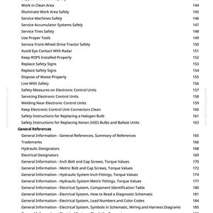 May include: A page from a manual with a list of safety and technical instructions. The text includes topics like "Park Machine Safely", "Service Tires Safely", and "Torque Values". The page number is 3.