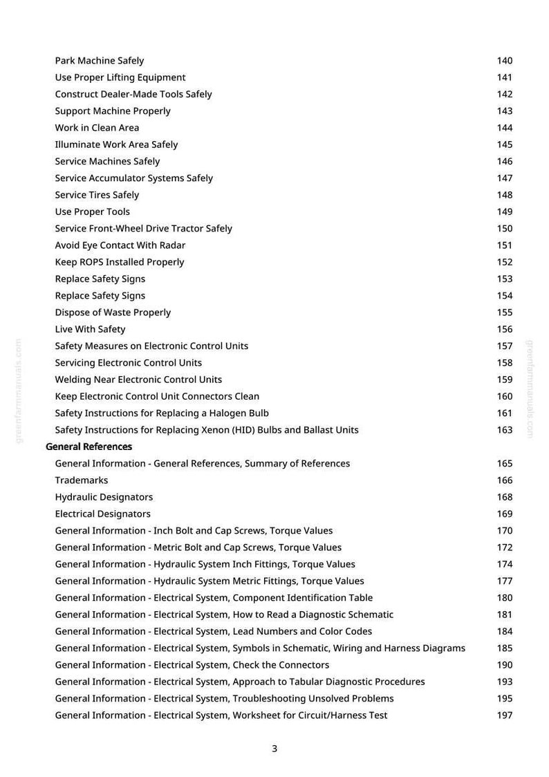May include: A page from a manual with a list of safety and technical instructions. The text includes topics like "Park Machine Safely", "Service Tires Safely", and "Torque Values". The page number is 3.