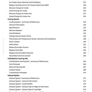 May include: A page from a greenfarmmanuals.com manual, listing automotive repair topics. Sections include Air Intake, Cooling, Cold-Weather Starting Aids, Exhaust, and Electrical Systems. Page numbers are visible.