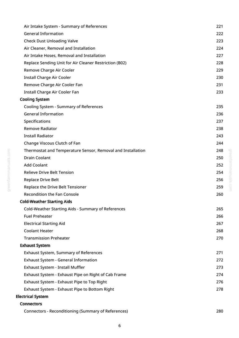 May include: A page from a greenfarmmanuals.com manual, listing automotive repair topics. Sections include Air Intake, Cooling, Cold-Weather Starting Aids, Exhaust, and Electrical Systems. Page numbers are visible.