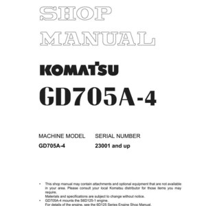 Pu&ograve; includere: Un manuale di officina bianco con il testo "SHOP MANUAL" e "KOMATSU GD705A-4". Il modello della macchina &egrave; GD705A-4, e il numero di serie &egrave; 23001 e superiore. Il manuale &egrave; stampato in Giappone.