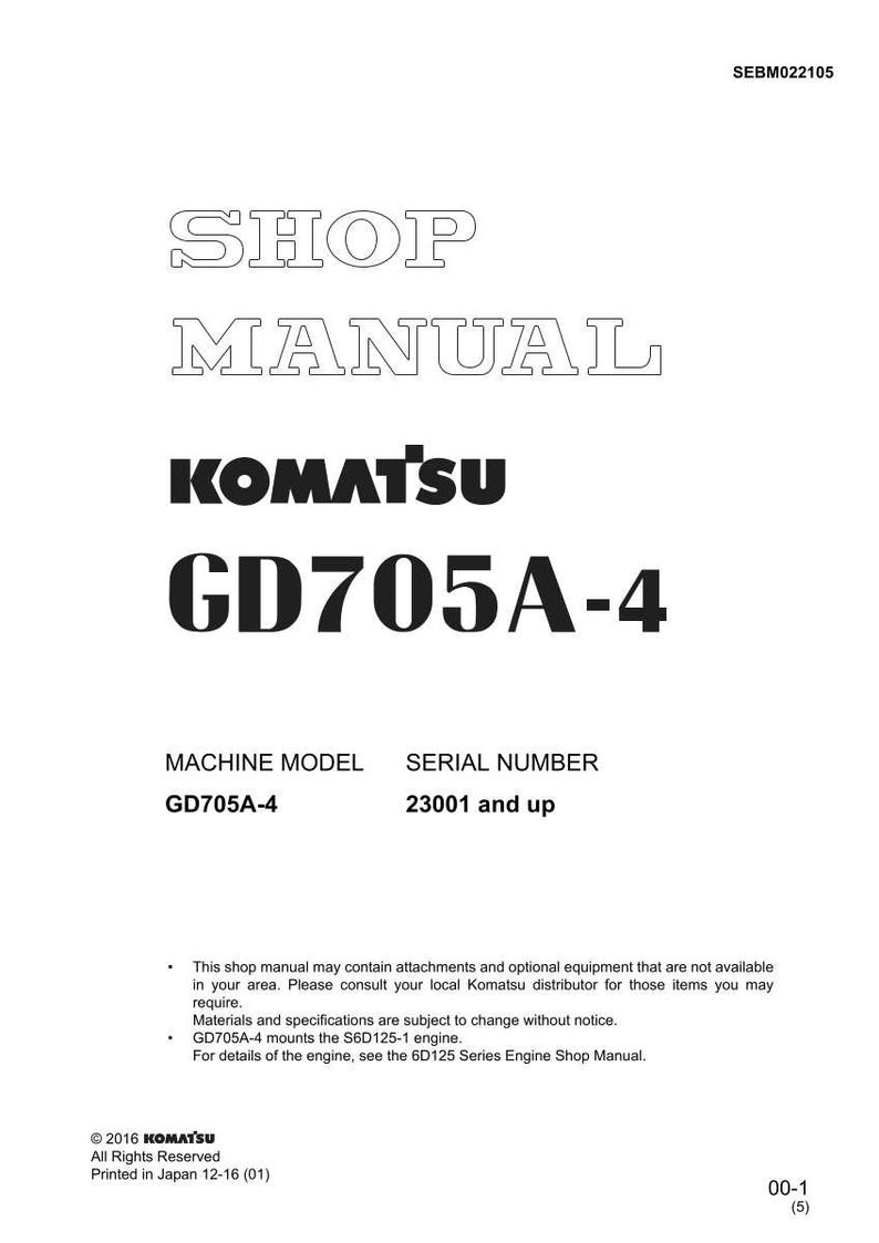 Pu&ograve; includere: Un manuale di officina bianco con il testo "SHOP MANUAL" e "KOMATSU GD705A-4". Il modello della macchina &egrave; GD705A-4, e il numero di serie &egrave; 23001 e superiore. Il manuale &egrave; stampato in Giappone.