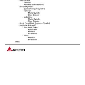 Pu&ograve; includere: Una pagina bianca con un elenco di componenti meccanici e procedure, comprese le istruzioni per la "Rimozione" e l'"Installazione". Il logo AGCO &egrave; in basso.