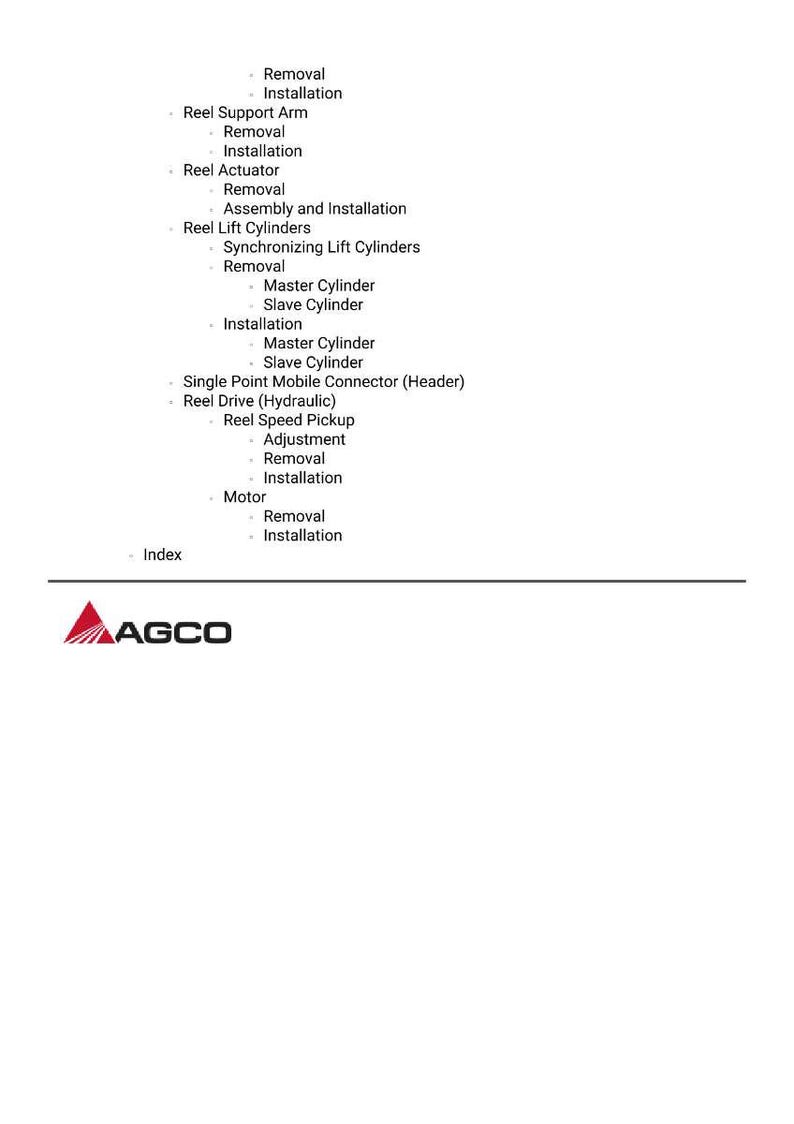 Pu&ograve; includere: Una pagina bianca con un elenco di componenti meccanici e procedure, comprese le istruzioni per la "Rimozione" e l'"Installazione". Il logo AGCO &egrave; in basso.