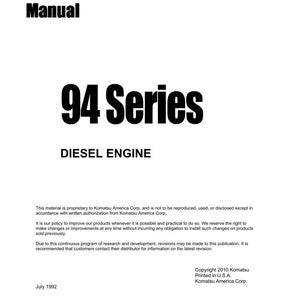 May include: A white shop manual cover with the text "Shop Manual" at the top, and "94 Series DIESEL ENGINE" in large, bold, black letters. The manual is from Komatsu America Corp.