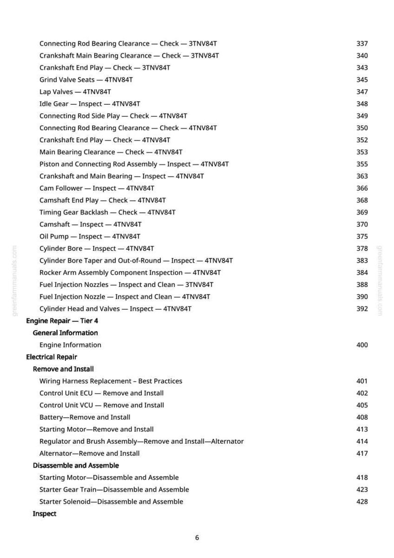 Puede incluir: Un detallado &iacute;ndice de un manual de greenfarmmanuals.com, que enumera los procedimientos de reparaci&oacute;n del motor y reparaci&oacute;n el&eacute;ctrica. El texto incluye instrucciones de inspecci&oacute;n y extracci&oacute;n.