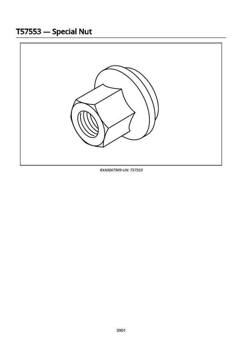 Puede incluir: Dibujo lineal de una tuerca especial con cabeza hexagonal y base circular. La tuerca tiene rosca interna. El texto "T57553 - Special Nut" est&aacute; en la parte superior. Debajo, el texto "RXA0067909-UN: T57553".