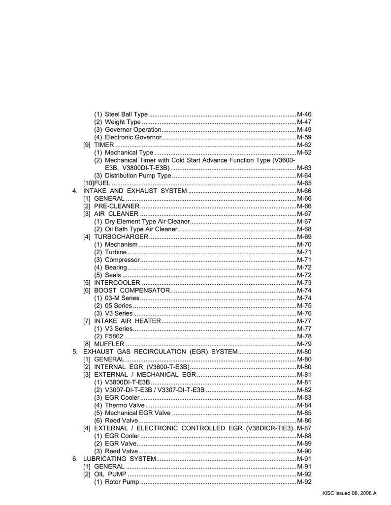 May include: A detailed technical diagram with a list of engine components, including the intake and exhaust system, turbocharger, and lubricating system. The document is labeled with the text "KISC issued 08, 2008 A."