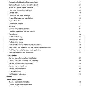 May include: A page from a manual with a list of automotive engine repair topics, including "Camshaft," "Oil Pan and Strainer," and "Crankshaft End Play Check." The page numbers are listed on the right side. The text is in black font.