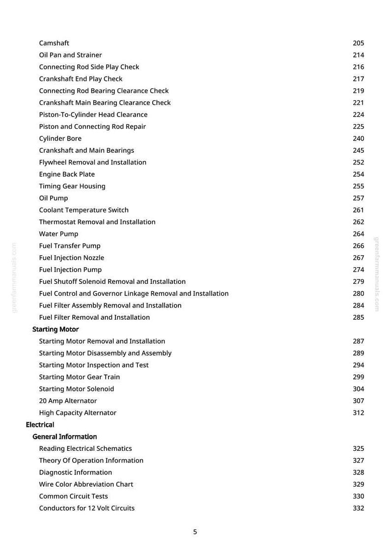 May include: A page from a manual with a list of automotive engine repair topics, including "Camshaft," "Oil Pan and Strainer," and "Crankshaft End Play Check." The page numbers are listed on the right side. The text is in black font.