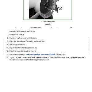 May include: Diagram of a fan assembly with a white fan blade and black center. The image includes labels for cap screws and the fan itself, along with a legend and instructions for maintenance and repair.